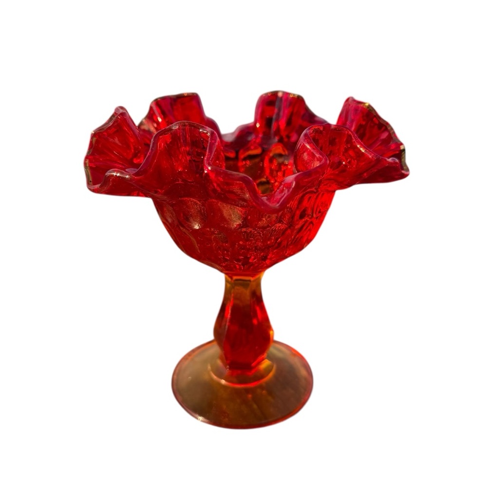 VINTAGE RED CARNIVAL GLASS COMPOTE WITH RUFFLED EDGE - Picture 5 of 12